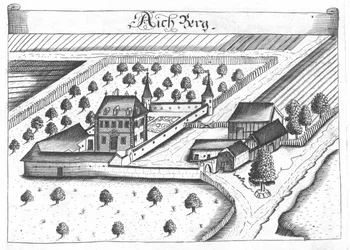 Kupferstich, Ansicht der Burg Aichberg, Oberösterreich